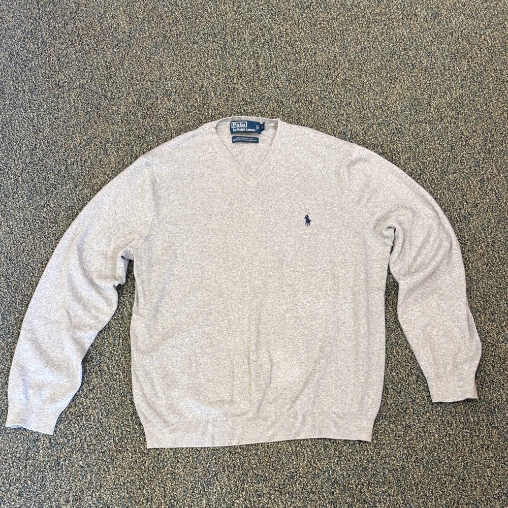 Polo by Ralph Lauren Men's V-Neck Pima Sweater in Heather Gray with Navy Logo